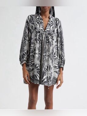 Farm Rio Scarf Print Long Sleeve Linen Blend Minidress